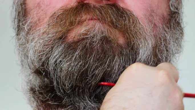 一个非常长满的男人用梳子梳理他郁郁葱葱的棕色灰色胡须和胡须。一个人需要美发师和理发师的服务。这个人对