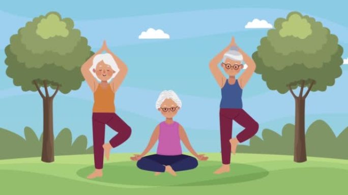 练习瑜伽动画的老年妇女