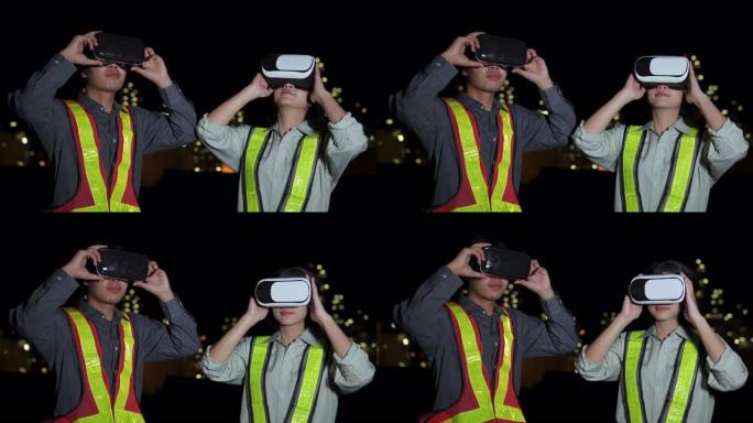团队工程师晚上在石油工业工厂佩戴虚拟现实耳机