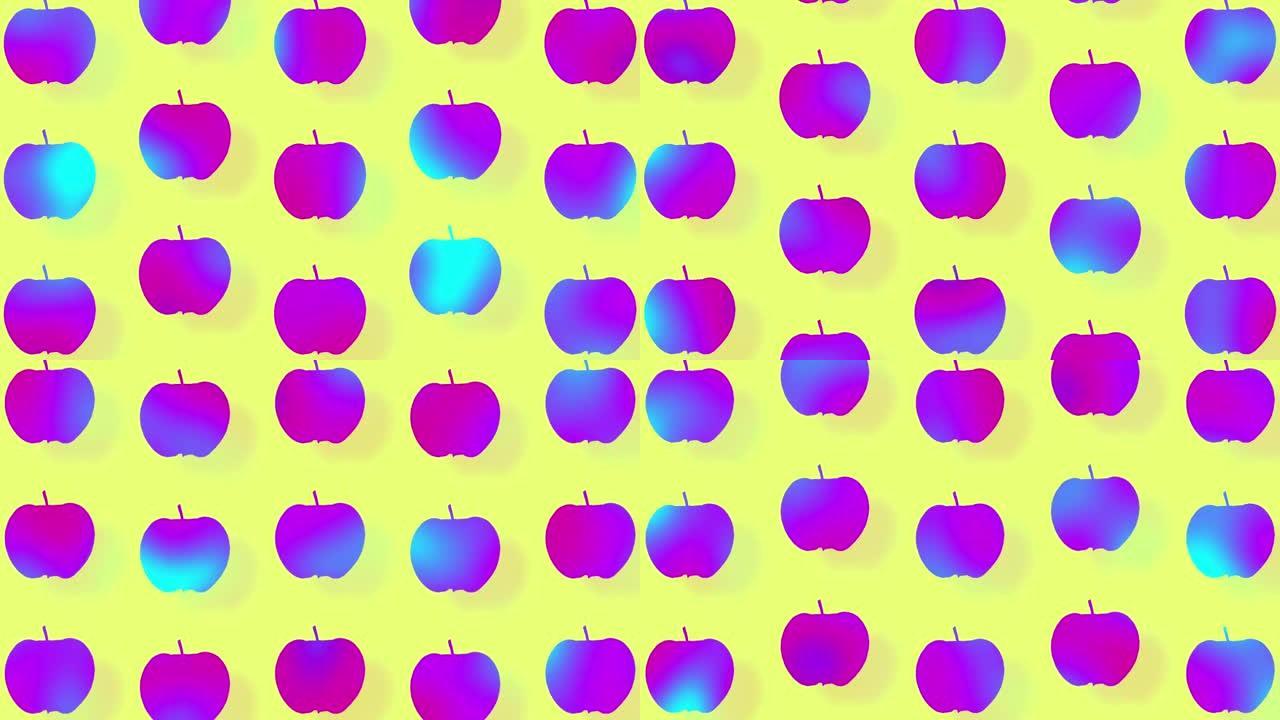 苹果图案在充满活力的渐变全息霓虹灯颜色。概念艺术。最小的超现实主义背景。与苹果的无缝模式。逼真的动画