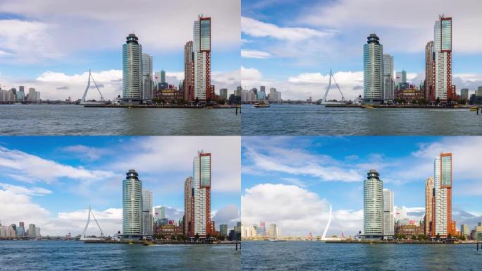 鹿特丹天际线与Erasmusbrug，鹿特丹，Zuid-荷兰，荷兰的白天时间流逝