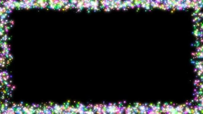 彩色矩形框架，带有小星形的灯光效果，聚集在带有复制空间的黑色背景上。视频动画背景。