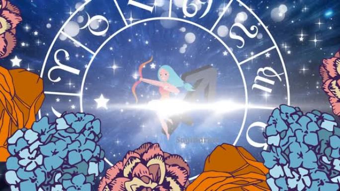 紫色背景上射手座星座星座和星座轮的动画