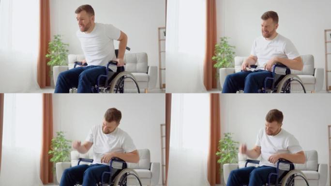 伤心的残疾人试图从轮椅上站起来，但没有成功。残疾人无法从轮椅上站起来，绝望地捶打着双腿