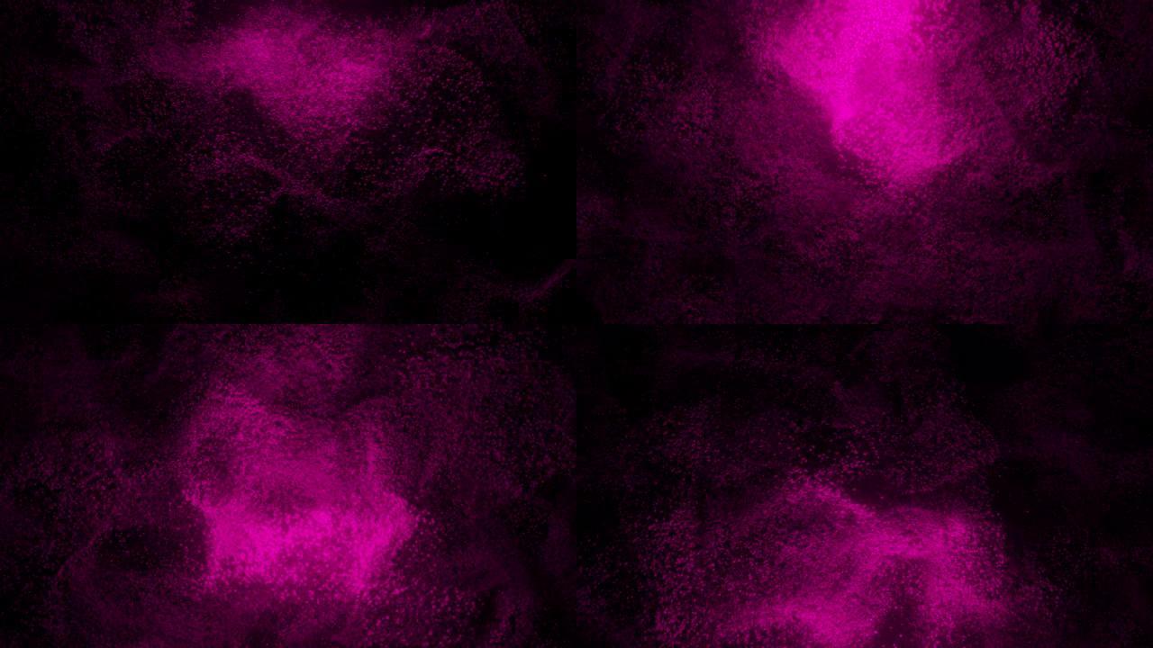 黑色背景上粉红沙的抽象图案。粉红色的圆点云在黑暗中旋转。虚拟数据。VJ循环运动背景。4k动画-3D渲