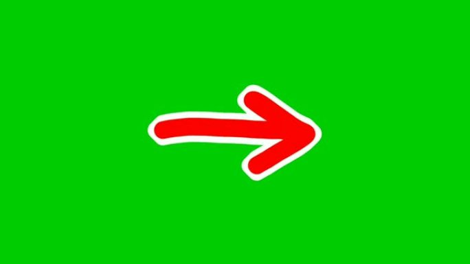 手绘箭头动画绿色屏幕，红色卡通箭头指向绿色屏幕背景上的右侧