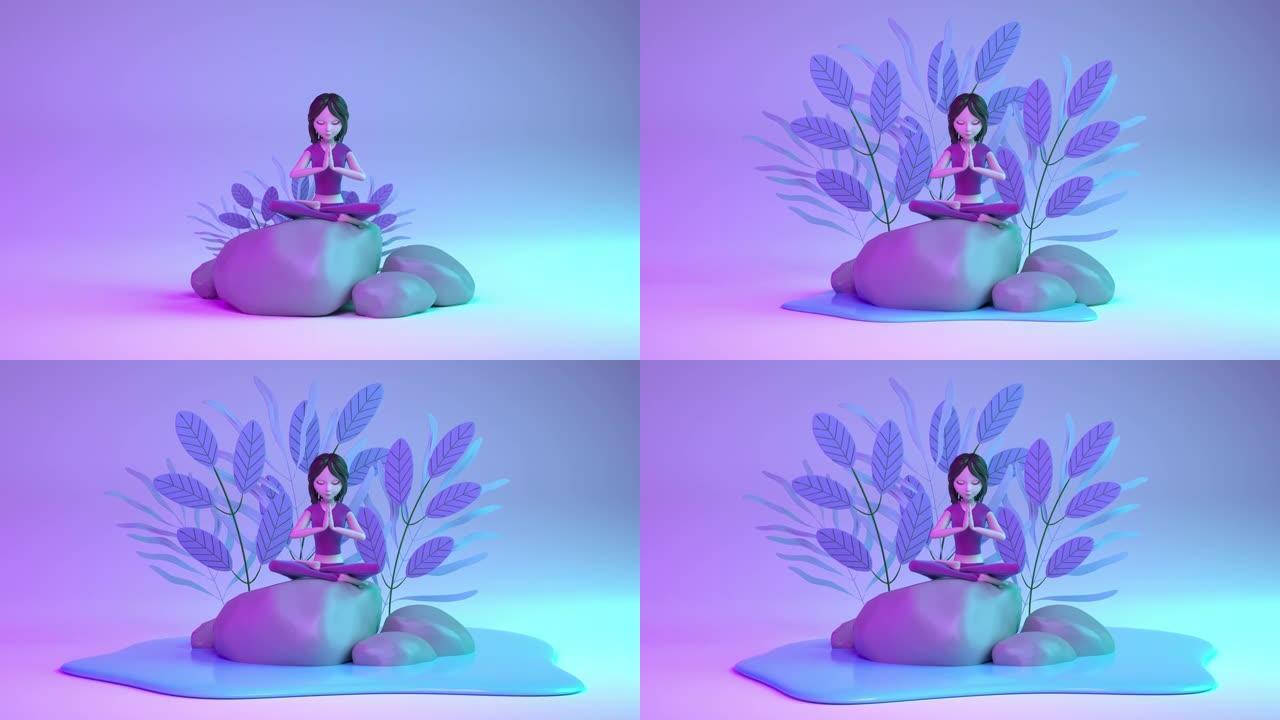 瑜伽姿势中女孩冥想的动画