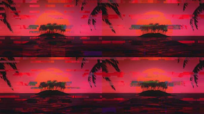 3d热带小故障日落与岛屿和棕榈树。毛刺合成波中的海洋和霓虹太阳与80年代90年代的新转波美学
