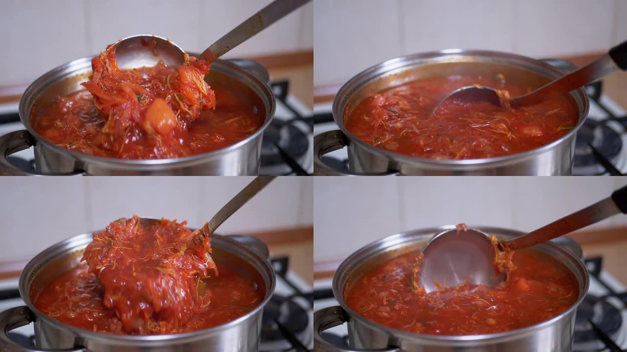 在家庭厨房的平底锅中从肉，甜菜中准备丰富，浓稠的红色罗宋汤