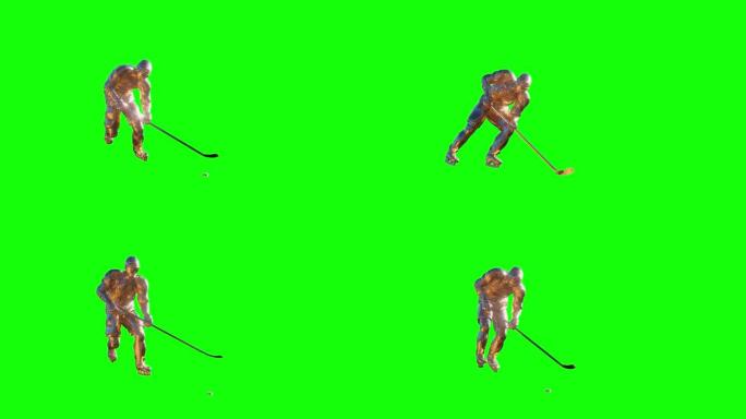 金色曲棍球运动员在绿色背景3d渲染上玩曲棍球