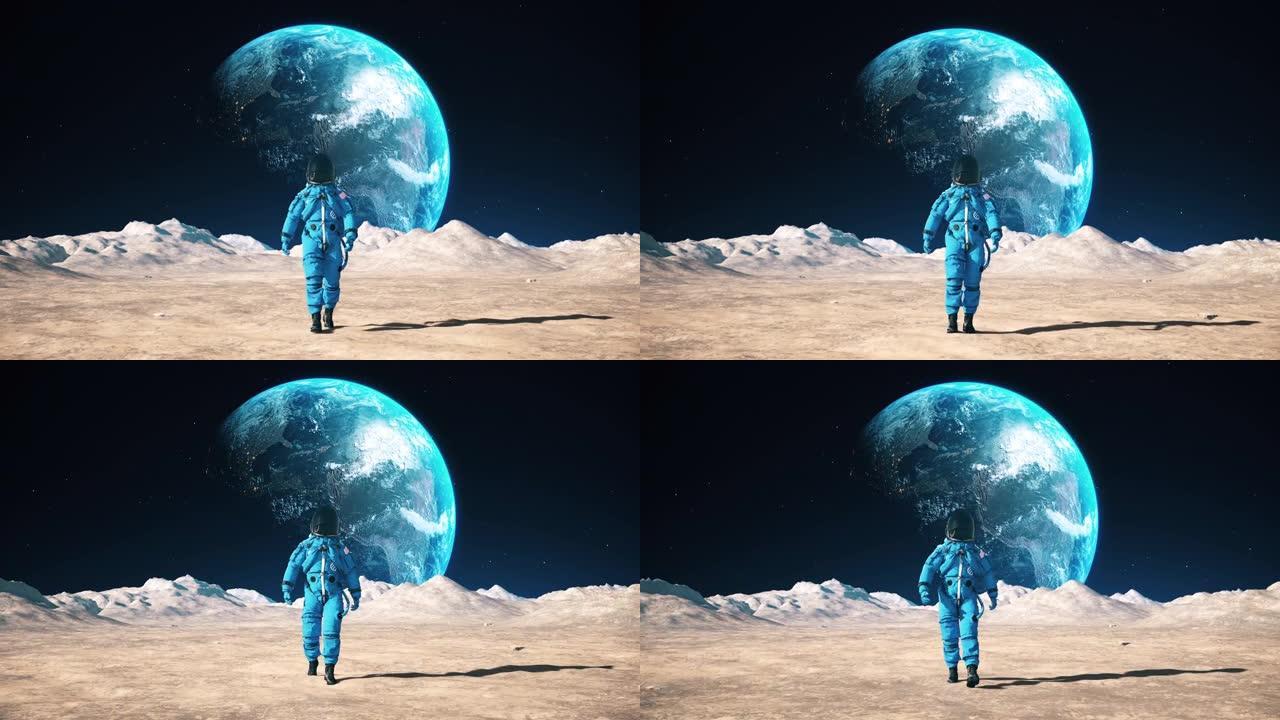 勇敢的宇航员在月球表面的环形山中行走。