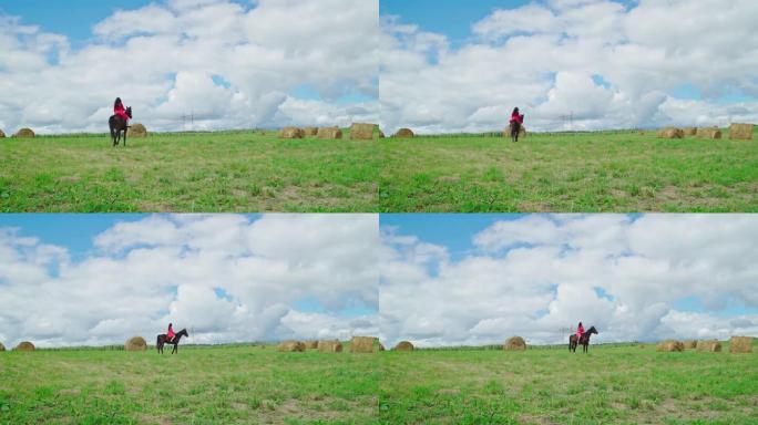 穿着红色礼服骑马的漂亮女孩骑马。年轻女孩户外休闲活动，享受夏季自然骑马