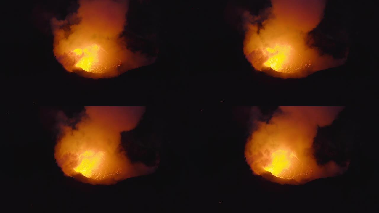 火山的无人机喷出烟雾和熔岩