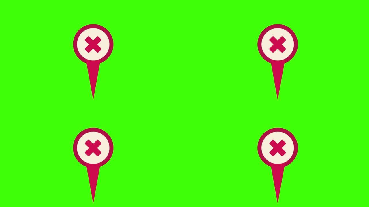 在绿色屏幕上弹出带有十字符号的动画圆形红色位置图标