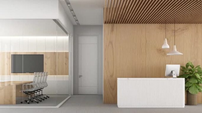 白色木质接待处的前视图，笔记本电脑站在现代办公室墙前。木板条墙壁和天花板以及会议室、地毯地板和吊坠3