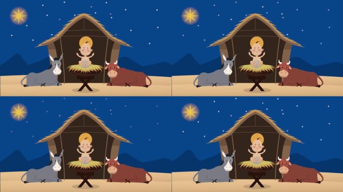 梅里圣诞动画与耶稣婴儿在稳定