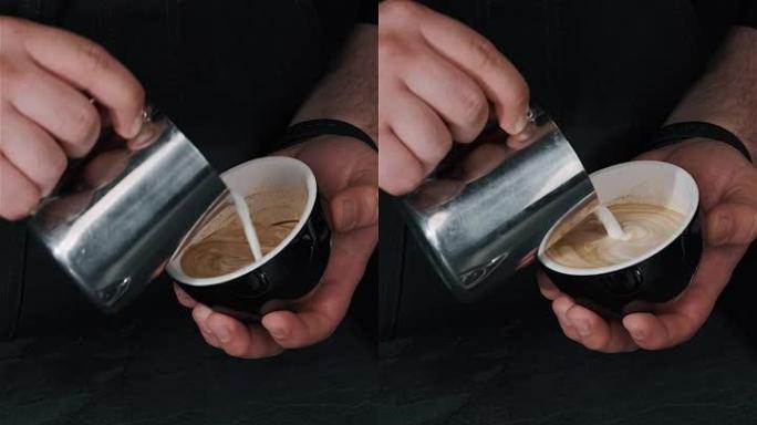 咖啡师在热咖啡中倒牛奶，在咖啡馆制作卡布奇诺泡沫特写