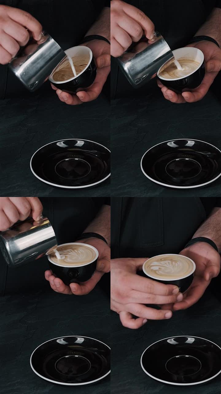 咖啡师在热咖啡中倒牛奶，在咖啡馆制作卡布奇诺泡沫特写