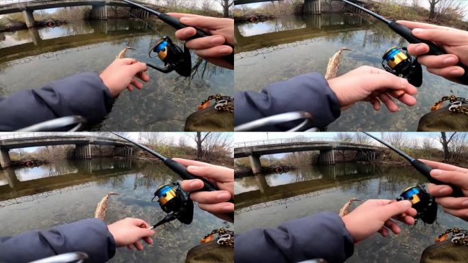 一段视频显示鱼竿扔在前面是一条美丽的河流。身体凸轮记录投掷时的每一个动作。