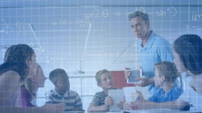 在教室中使用平板电脑对男老师和学童进行数学方程式的动画