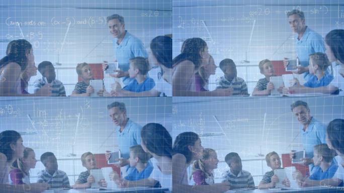 在教室中使用平板电脑对男老师和学童进行数学方程式的动画