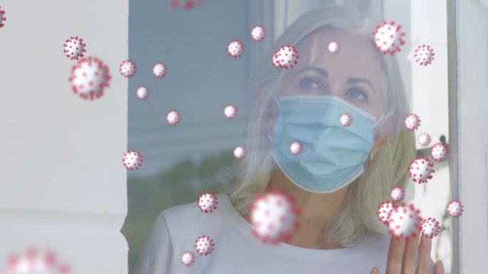 病毒细胞与戴面罩的白人女性的动画