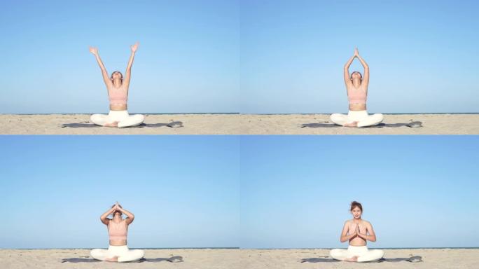 亚洲女性在海水附近的海滩上闲逛和做瑜伽，背景是海浪，日落时在海边冥想，使她的头脑平静而平静。