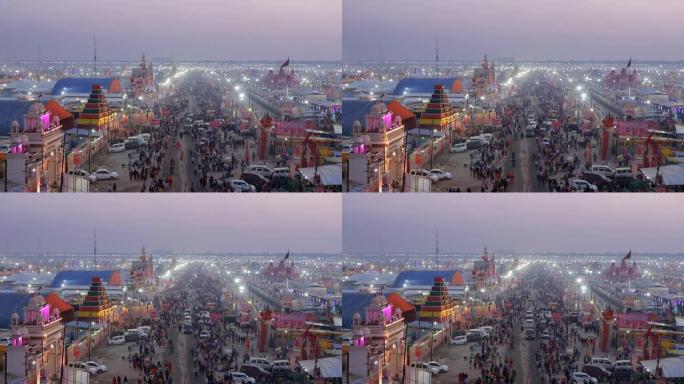 印度北方邦阿拉哈巴德 (Prayagraj) 黄昏的昆布梅拉节全景