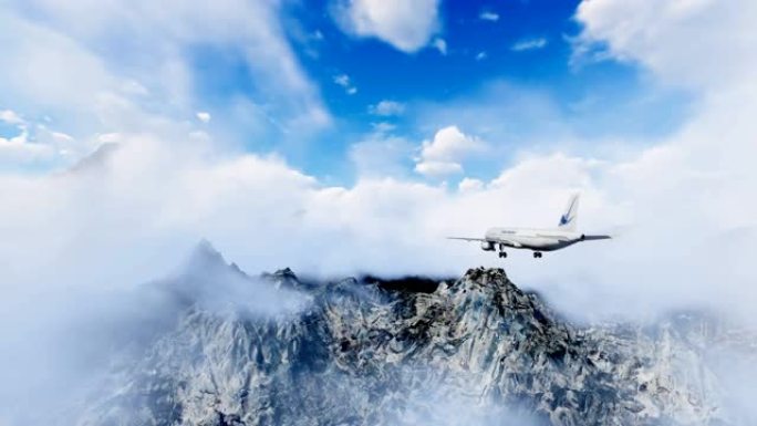 飞机在天空中飞行，飞机飞走，飞机飞越山脉和云层