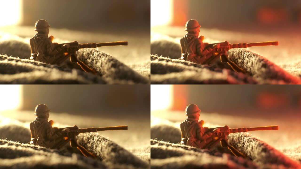 一个玩具兵机枪手从战壕里的掩体中射击。战场上战争的概念