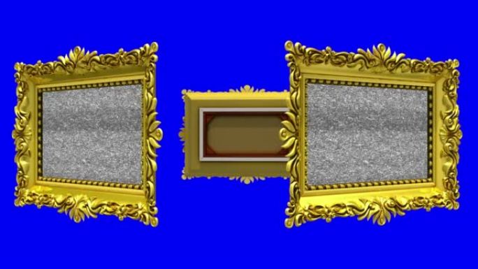 华丽的金色相框在蓝色背景上旋转一圈，色键。无缝循环，带电视噪音和绿屏的3D动画。