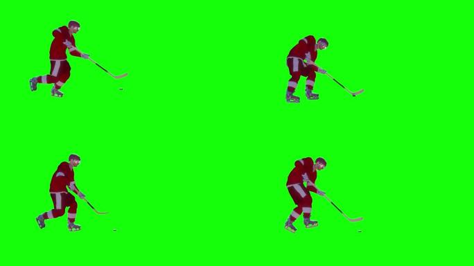 曲棍球运动员在绿色背景3d渲染上玩曲棍球