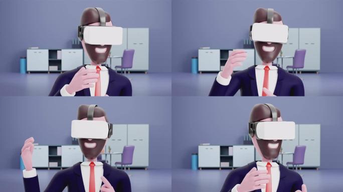 3d动画卡通专业办公室工作人员使用特殊的3d眼镜在大型现代办公室附近的虚拟屏幕上工作。