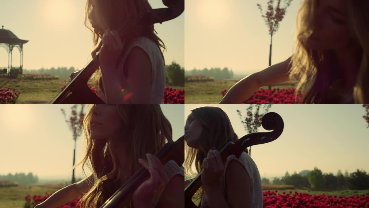 女人在阳光下的夏日公园演奏大提琴。年轻艺术家在户外排练