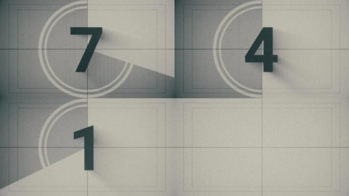 电影领导者倒计时，老电影倒计时电影卷轴，模仿一部带有噪音和划痕黑白的老电影