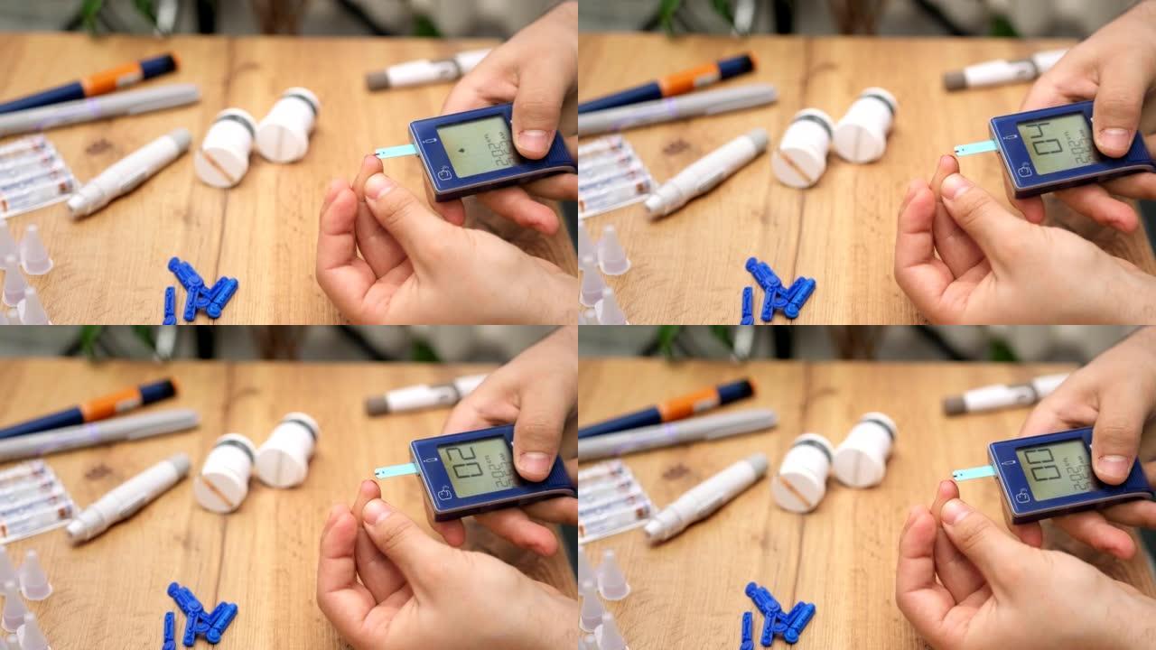 用手用柳叶刀在手指上通过血糖仪，医疗保健和糖尿病概念检查血糖水平。