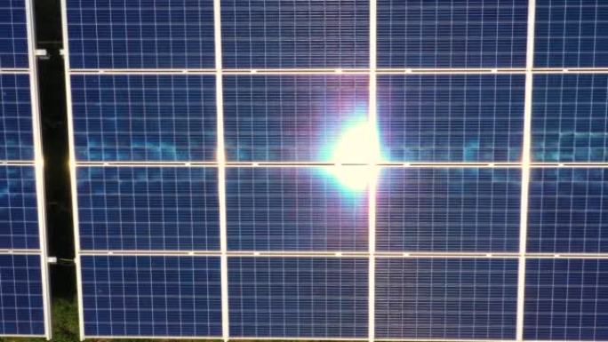 一个新的太阳能农场的俯视图。一排排现代光伏太阳能电池板。来自太阳的可再生生态能源。鸟瞰图。