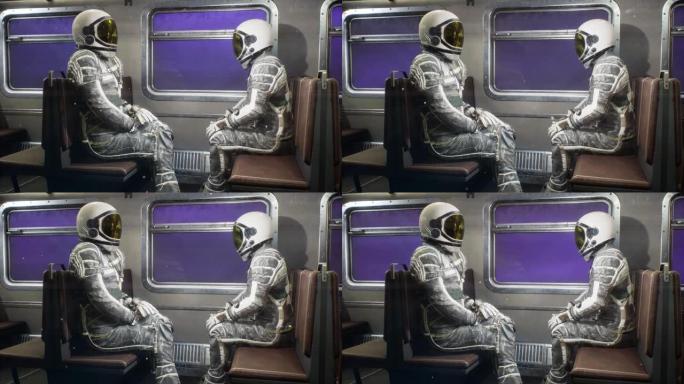 宇航员乘坐太空火车以惊人的速度穿越宇宙。宇航员以光速行驶的太空火车。循环动画非常适合太空和科幻背景