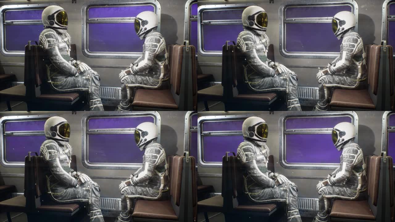 宇航员乘坐太空火车以惊人的速度穿越宇宙。宇航员以光速行驶的太空火车。循环动画非常适合太空和科幻背景