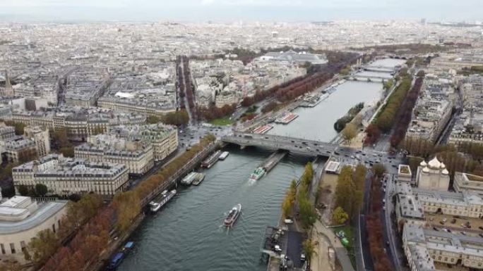 巴黎法国从上面，塞纳河，无人机全景，秋季2021