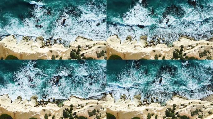 海岸自然海浪，水纹理，海洋鸟瞰图，塞浦路斯