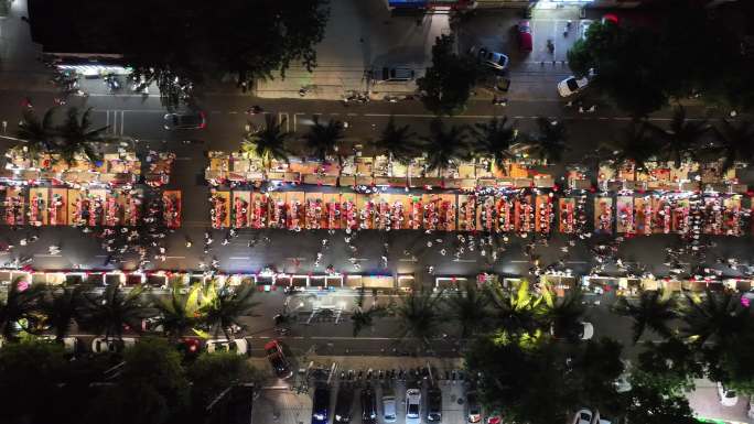 海南大学南门小吃一条街夜景航拍