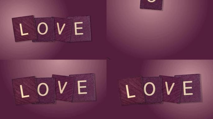 天然木块上的爱情词 -- 流行紫色渐变动画背景上的动画爱情刻字。日期模板，婚礼，3月8日，女性。4k