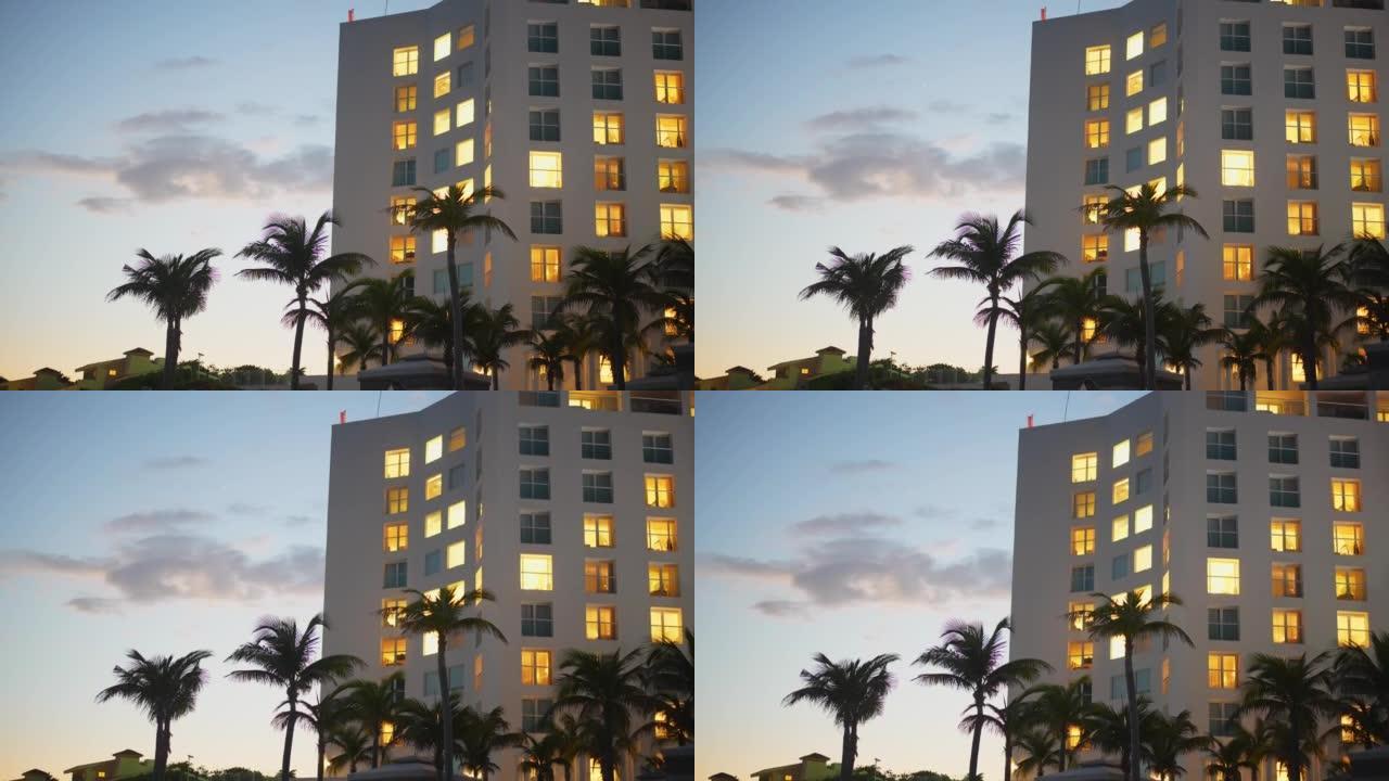 日落时坎昆酒店区的风景