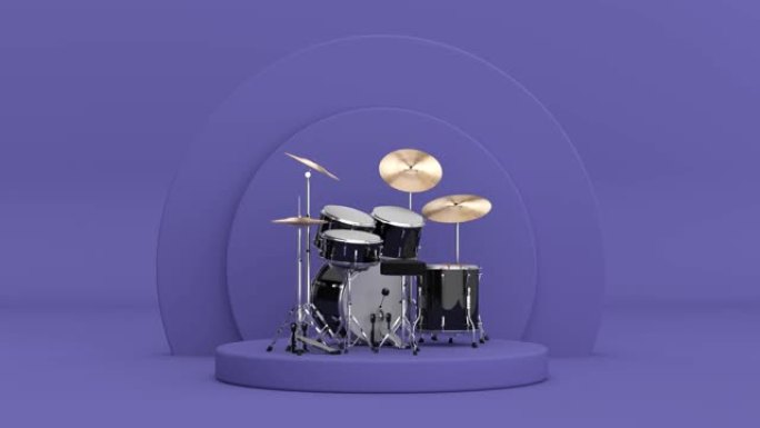 4k分辨率视频: 黑色专业摇滚鼓套件旋转紫色非常Peri圆柱体产品舞台基座紫色非常Peri背景循环动