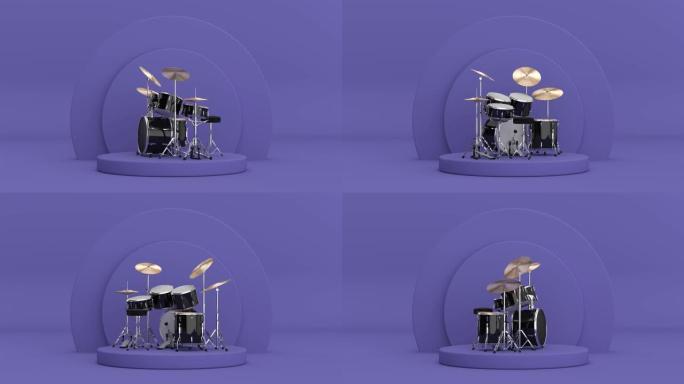 4k分辨率视频: 黑色专业摇滚鼓套件旋转紫色非常Peri圆柱体产品舞台基座紫色非常Peri背景循环动