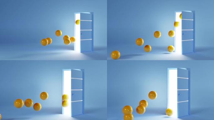 球或球体用光线跳出门，3d动画。家庭或办公室的现代室内空白房间，蓝色墙壁和地板。派对或生日用黄色圆形