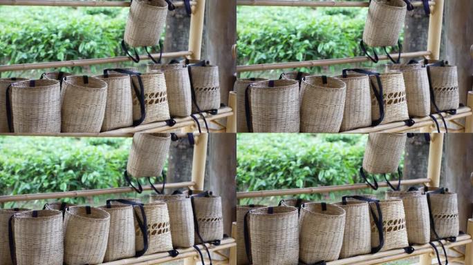手工采摘后用于收集新鲜茶叶的柳条篮