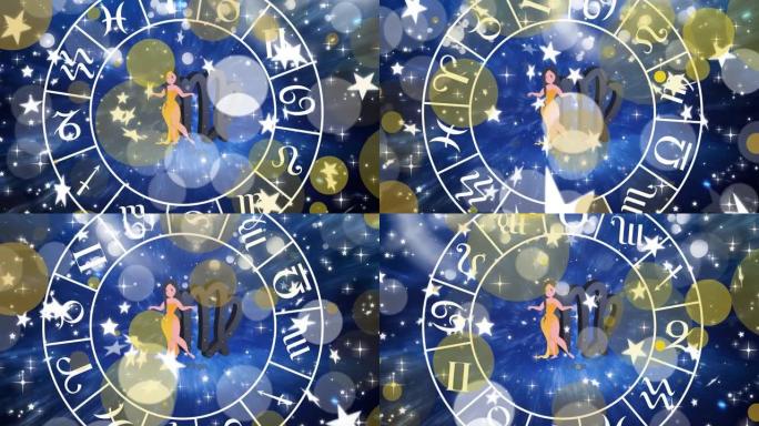 蓝色背景上的处女座星座和星座星座轮动画