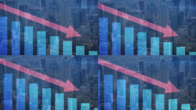 红色箭头的统计动画和城市景观的金融数据处理